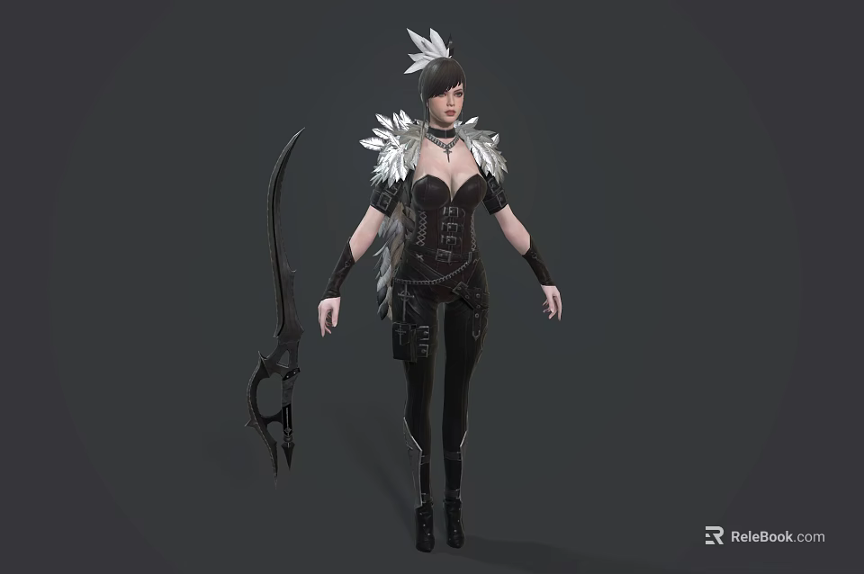 Game Movie Character In Black Leather Outfit With Feathered Shoulder Armor Holding Curved Weapon 3d model 