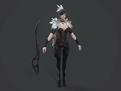 Game Movie Character In Black Leather Outfit With Feathered Shoulder Armor Holding Curved Weapon 3d model