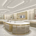 Modern Luxury Jewelry Store Interior With Gold Round Counters And Bright Lighting