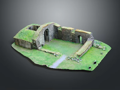 Ancient Ruin Model With Stone Walls Arched Doorways Grassy Ground And Stone Path 3d model