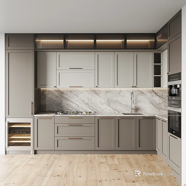 Sleek Gray Cabinets In Modern Kitchen With Marble Countertop And Built In Appliances 3d model 