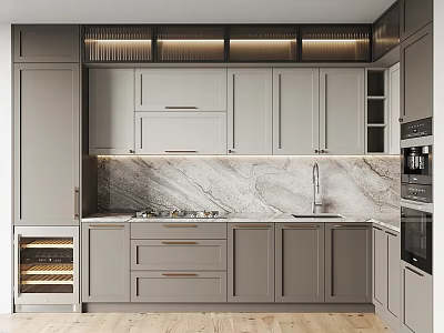 Sleek Gray Cabinets In Modern Kitchen With Marble Countertop And Built In Appliances 3d model