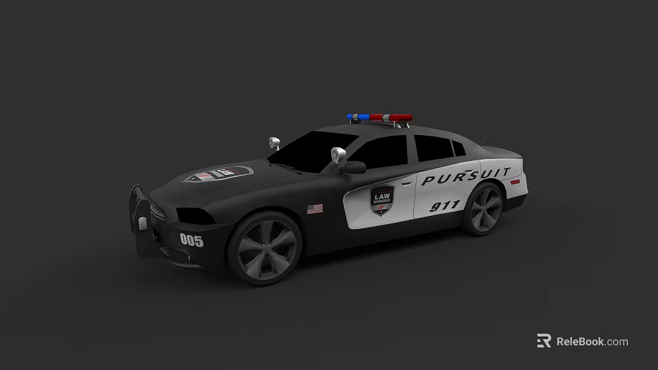 Black and White Police Pursuit Car with Emergency Lights and 911 Markings 3d model 