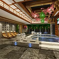 Traditional SPA Sauna Interior With Wooden Structure Cherry Blossom Decor And Ambient Lighting