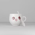 White Cup With Cute Cartoon Smiling Face And White Spoon Beside Simple Gray Background