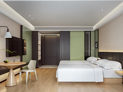 Modern Hotel Guest Room Interior With Double Bed White Bedding Wooden Flooring Lighting And TV 3d model