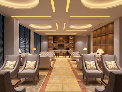 Spacious Modern Lounge Area With Comfortable Sofas Armchairs Ceiling Lighting Wooden Shelves And Elegant Decor 3d model