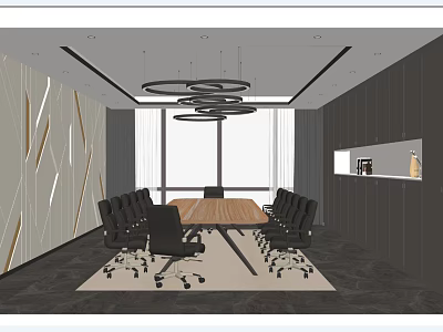 Modern Conference Room Interior With Long Table Black Chairs And Circular Pendant Lights 3d model