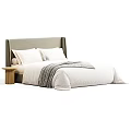 Modern Bed With Beige Upholstered Headboard White Bedding And Wooden Nightstand