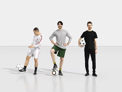 Three Men Practicing Soccer Skills With Kicking Standing And Holding Balls 3d model