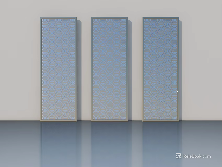 Three Modern Swing Doors Featuring Geometric Patterns And Metal Frames On White Wall 3d model