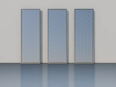 Three Modern Swing Doors Featuring Geometric Patterns And Metal Frames On White Wall 3d model