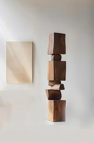 Modern Abstract Wooden Sculpture With Stacked Blocks And Light Colored Frame 3d model