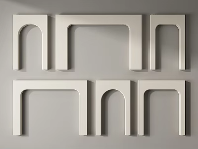 White Door Arches in Various Shapes Arranged on Gray Wall 3d model