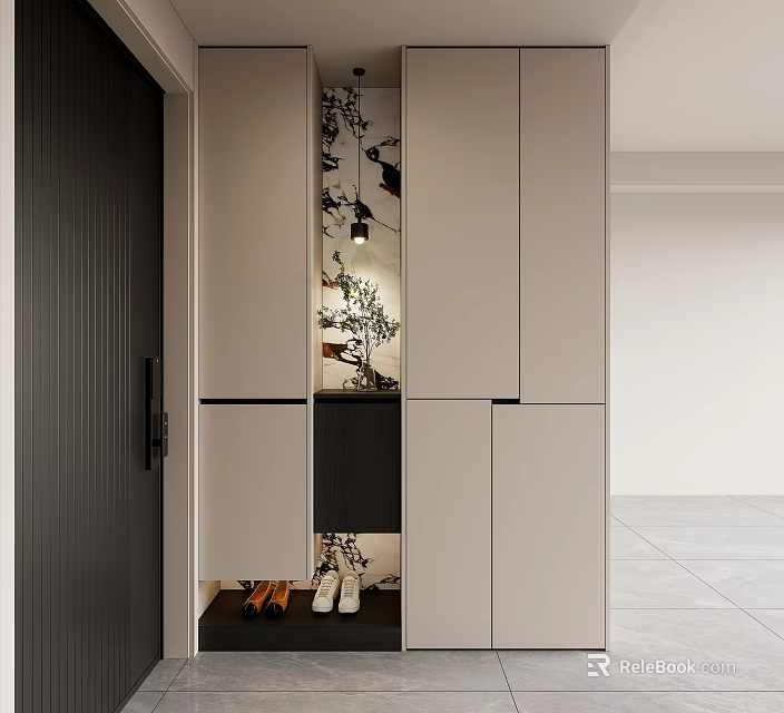 Elegant Modern Shoe Cabinet Design With White Black Storage Shelves And Sleek Structure 3d model 