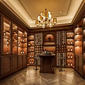 Luxurious Wine Cellar Interior With Wooden Racks Bar Counter Chandelier And Wine Bottles