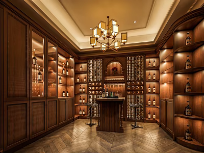 Luxurious Wine Cellar Interior With Wooden Racks Bar Counter Chandelier And Wine Bottles 3d model