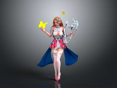 Anime Female Character In Pink Blue Dress With Silver Ornate Staff And Yellow Butterfly Props 3d model