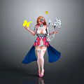 Anime Female Character In Pink Blue Dress With Silver Ornate Staff And Yellow Butterfly Props
