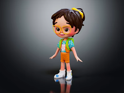 Cute Cartoon Girl Character With Yellow Glasses Green Backpack And Orange Shorts 3d model