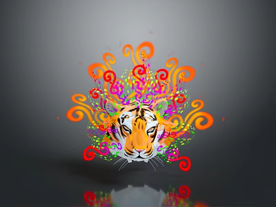 Vibrant Tiger Head Artistic Design With Colorful Swirls And Reflection On Gray Background 3d model