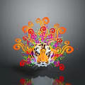 Vibrant Tiger Head Artistic Design With Colorful Swirls And Reflection On Gray Background