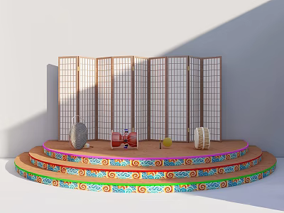 Round Stage With Bamboo Screen And Colorful Decorative Patterns Vase And Drum 3d model