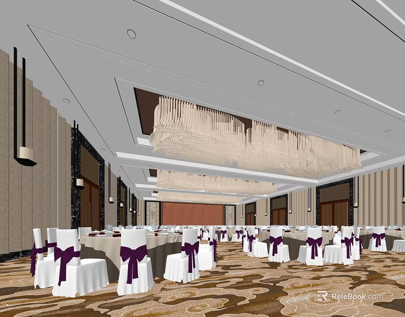 Elegant Banquet Hall Interior With White Chairs Purple Ribbons Patterned Carpet And Large Chandelier 3d model 