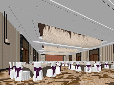 Elegant Banquet Hall Interior With White Chairs Purple Ribbons Patterned Carpet And Large Chandelier 3d model