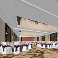 Elegant Banquet Hall Interior With White Chairs Purple Ribbons Patterned Carpet And Large Chandelier