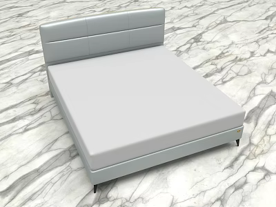 Modern Double Bed with Gray Upholstered Headboard and Light Colored Mattress on Marble Patterned Floor 3d model