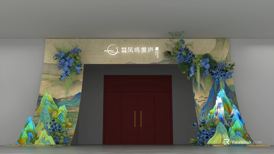 Mofeng Mingya Lu Event Gateway With Red Doors Blue Flowers And Landscape Painting Background 3d model 
