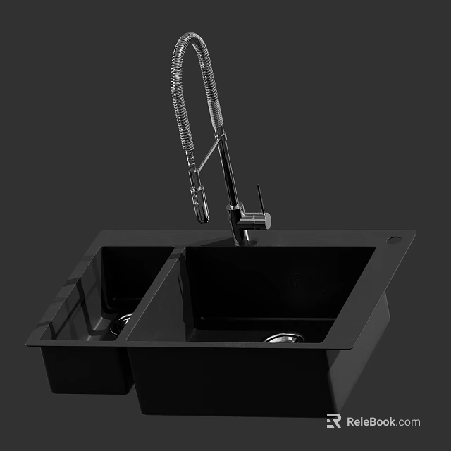 Black Double Bowl Kitchen Sink With Pull Down Faucet Modern Design 3d model 