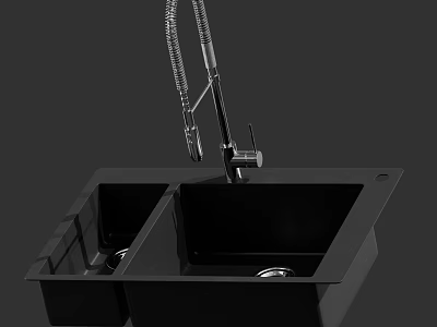 Black Double Bowl Kitchen Sink With Pull Down Faucet Modern Design 3d model