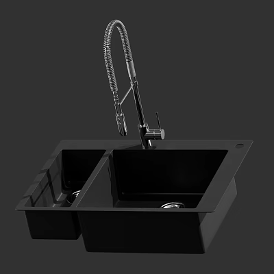 Black Double Bowl Kitchen Sink With Pull Down Faucet Modern Design 3d model