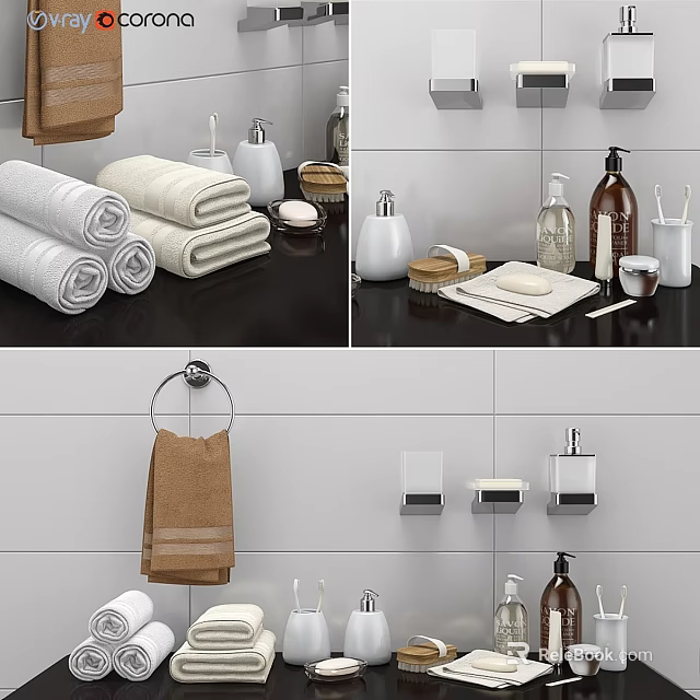 Essential Bathroom Cleaning Supplies Including Towels Soap Dispensers And Storage Holders 3d model 