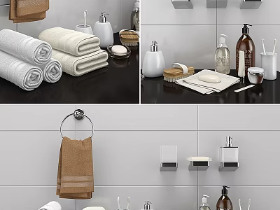 Essential Bathroom Cleaning Supplies Including Towels Soap Dispensers And Storage Holders 3d model