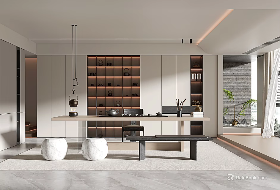 Modern Tea Room Interior Design With Wooden Shelves Table And Stools 3d model 