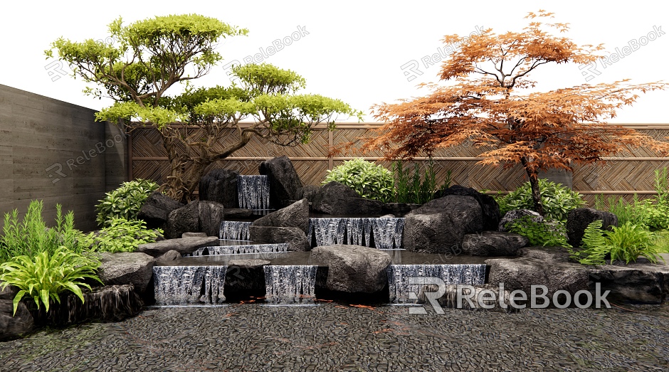 Japanese-style rockery waterscape stone water drop landscape courtyard sketch plant heaps fence wall landscape tree red maple model