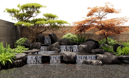 Japanese-style rockery waterscape stone water drop landscape courtyard sketch plant heaps fence wall landscape tree red maple 3d model