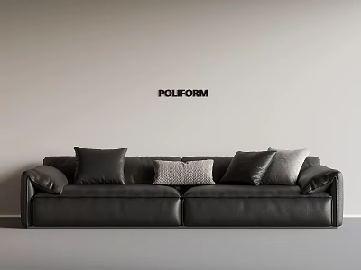 Black Leather Sectional Sofa with Black and Grey Pillows in Neutral Room Interior 3d model