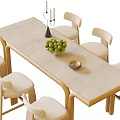 Minimalist Modern Dining Table Set with Wooden Legs Chairs Candle Holder Green Fruits Small Bowl