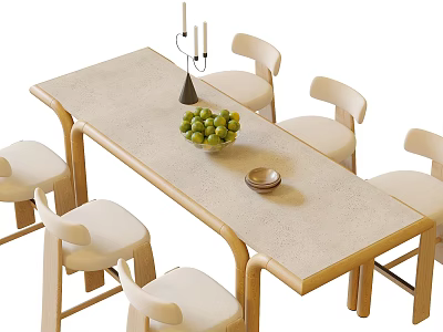 Minimalist Modern Dining Table Set with Wooden Legs Chairs Candle Holder Green Fruits Small Bowl 3d model