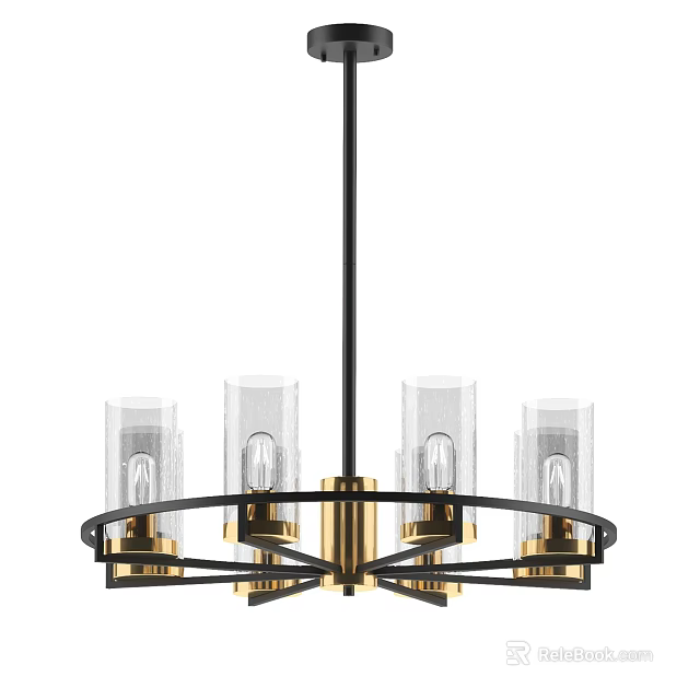 Modern Hanging Chandelier with Black and Gold Frame and Transparent Glass Shades 3d model 