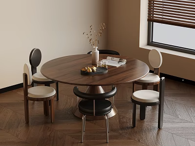 Modern Dining Room Interior With Round Wooden Table And Stylish Chairs 3d model