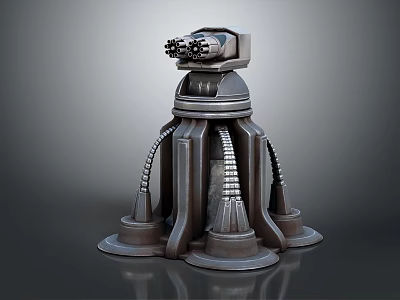 Futuristic Mechanical Weapon With Multi Barrel Turret And Supportive Metal Pillars 3d model