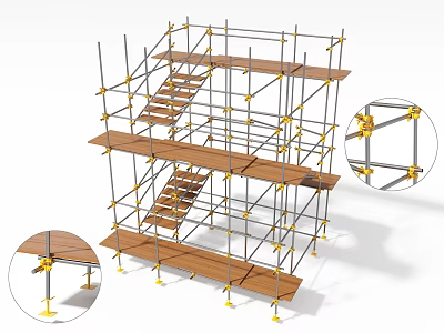 Multi Level Scaffolding Structure With Wooden Planks And Yellow Connectors 3d model