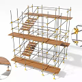 Multi Level Scaffolding Structure With Wooden Planks And Yellow Connectors