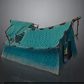 Blue Patterned Tent Structure With Open Flap Support Poles And Ropes