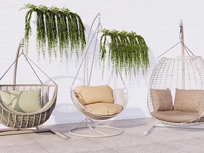 Stylish Hanging Chairs With Cushions And Green Plants On Outdoor Patio 3d model